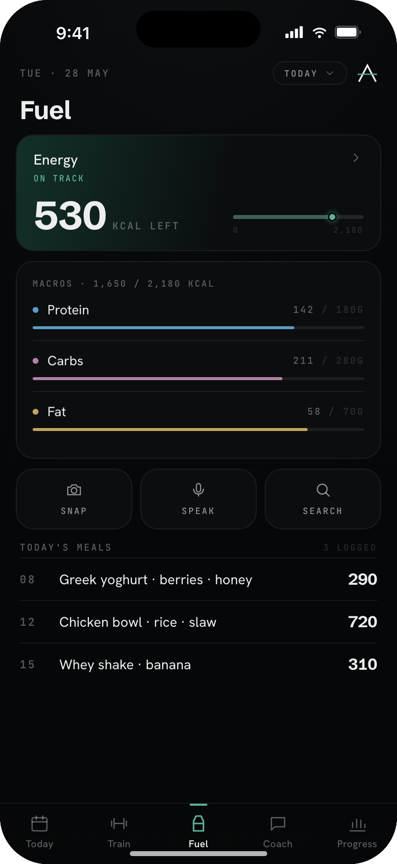 Atlas — Fuel: photo-logged meals and macro targets